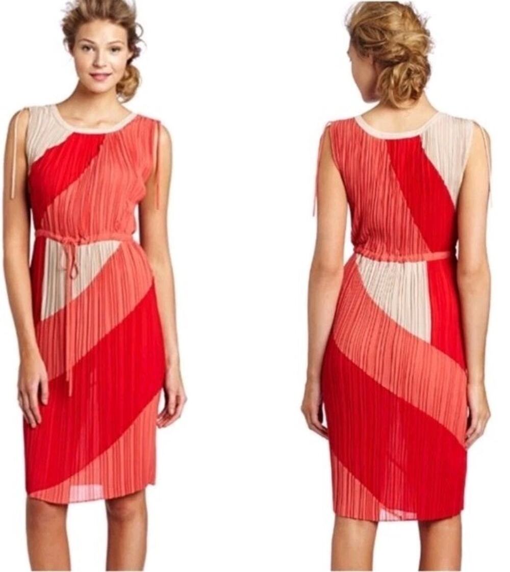 BCBG Max Azria Diagonal Architectural Stripe Midi Dress Redberry Pleated XS
